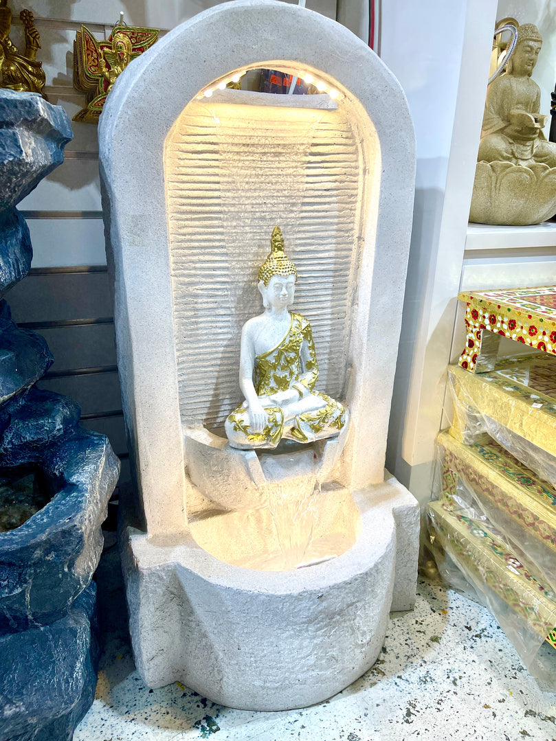 3ft Tall Meditating Buddha Seated Under Water Fountain - with Lights & Water Pump