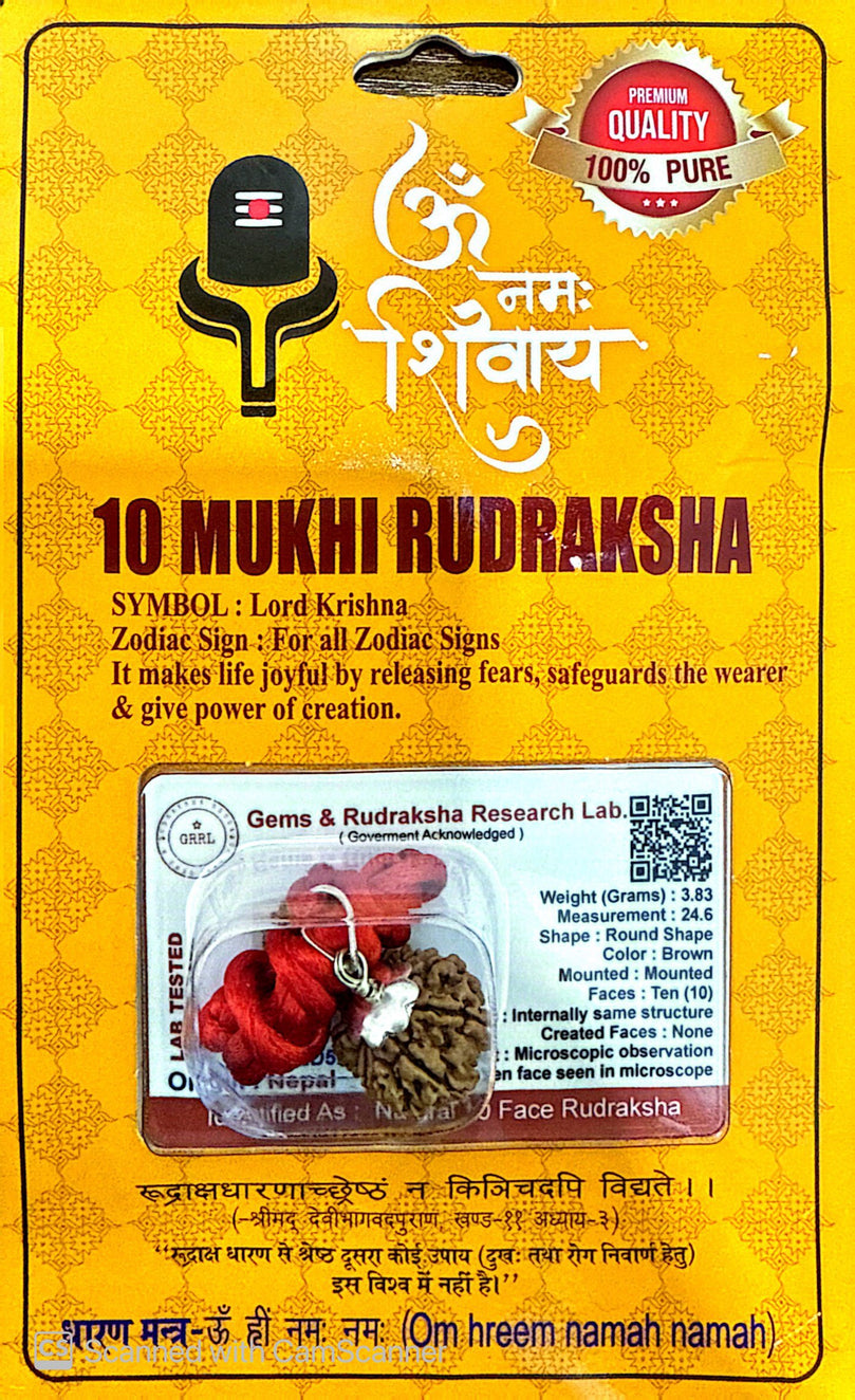10 Faced (Mukhi) Rudraksha Necklace (Lab Certified) - Lord Krishna, Protects and Benefits from 9 Planets Energies, Protects from Evil Eye, Ghosts and Spirits, Encreases Aura/Prana/Chi Energy, Heals Anxiety, Back Pain, Psychic attacks, & Sexual Disorders