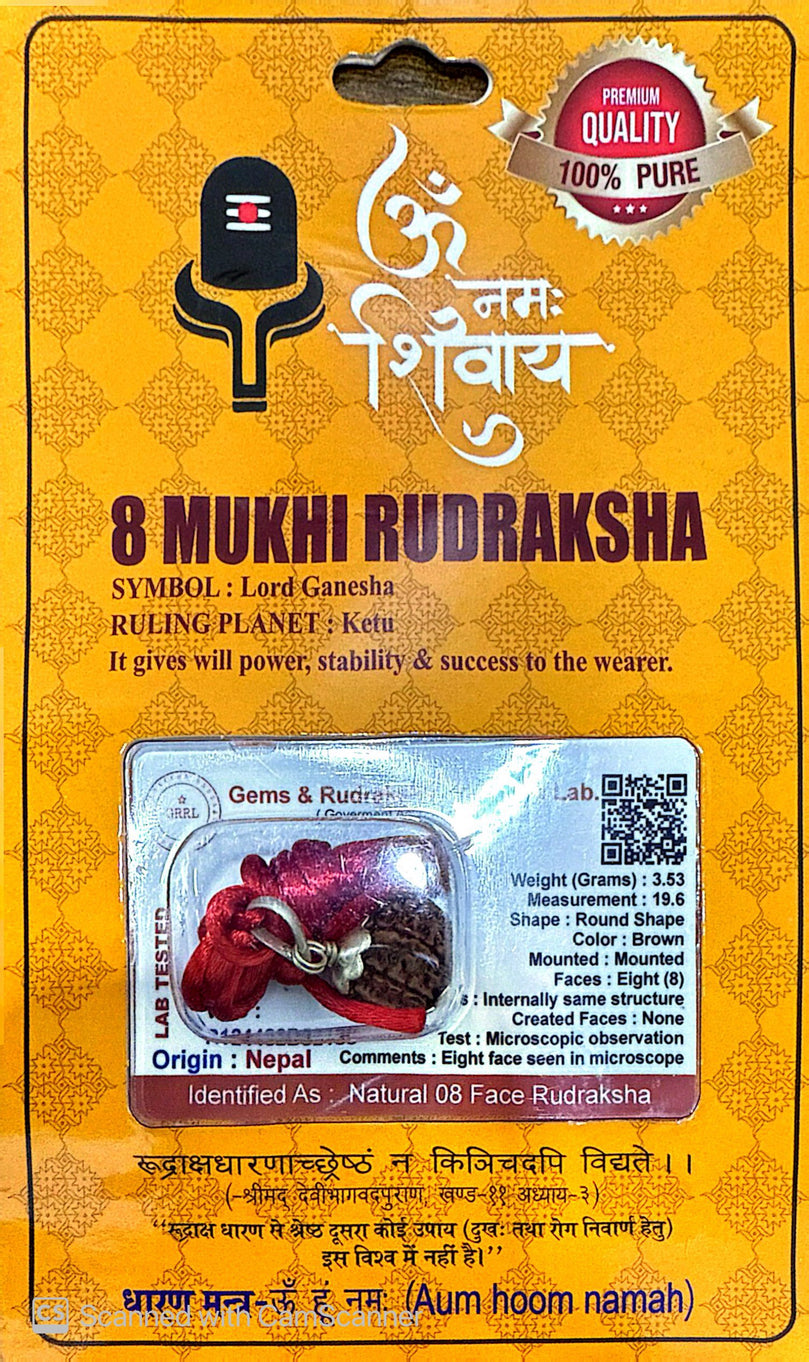8 Faced (Mukhi) Rudraksha Necklace (Lab Certified) - Lord Ganesha, Removes Obsticals, Destroies Evil, Brings Success & Happniess, Good for Intellectuals, Business and Servicemen, Removes Effect of Ketu, Gives Arthritis & Mental Stress Relief