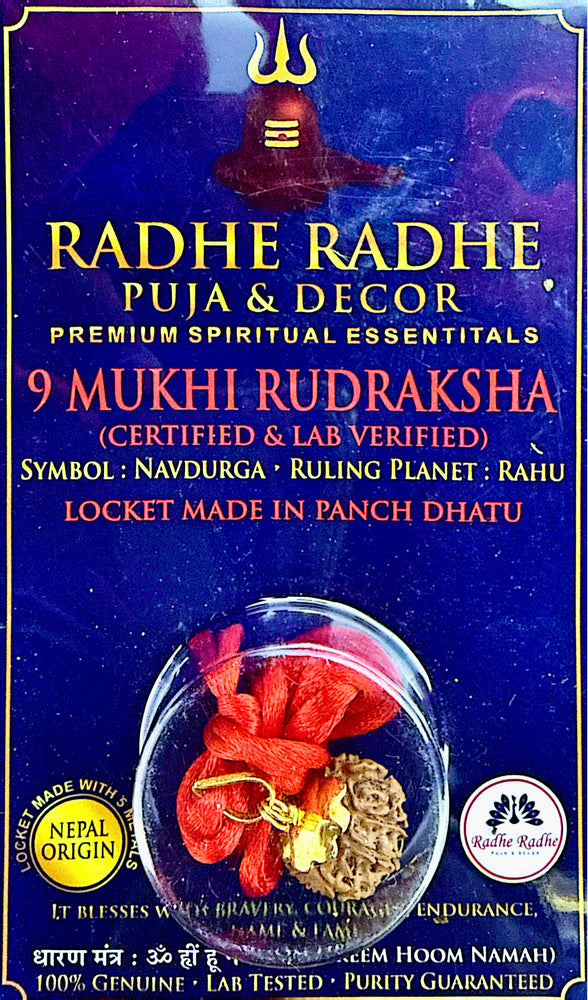 9 Mukhi Rudraksha Pendant (Nepal Origin, Lab Certified) – Shri Durga Maa (Navdurga) Rudraksha in Panch Dhatu | Strength, Protection & Rahu Dosha Relief