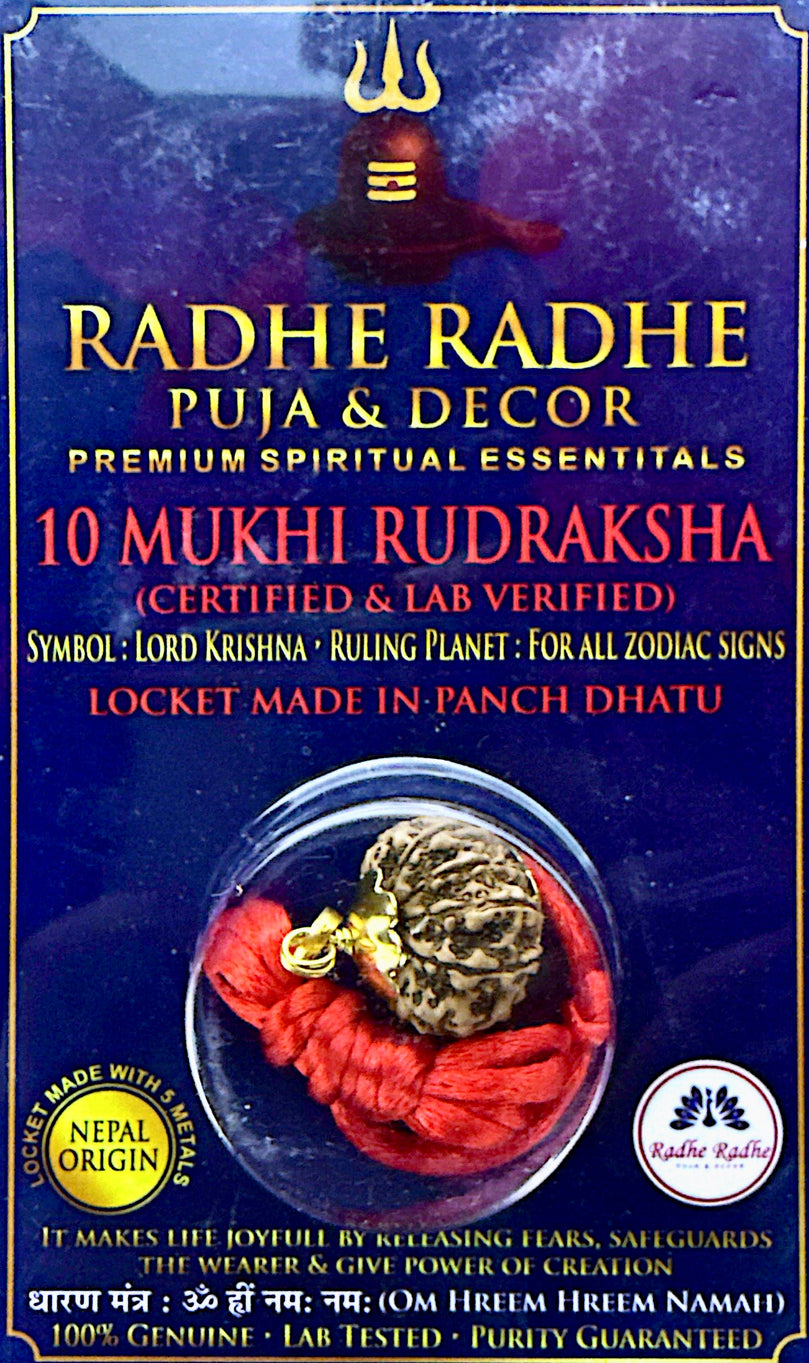 10 Mukhi Rudraksha Pendant (Nepal Origin, Lab Certified) – Shri Vishnu / Krishna Rudraksha in Panch Dhatu | Protection, Success & Removes Negativity