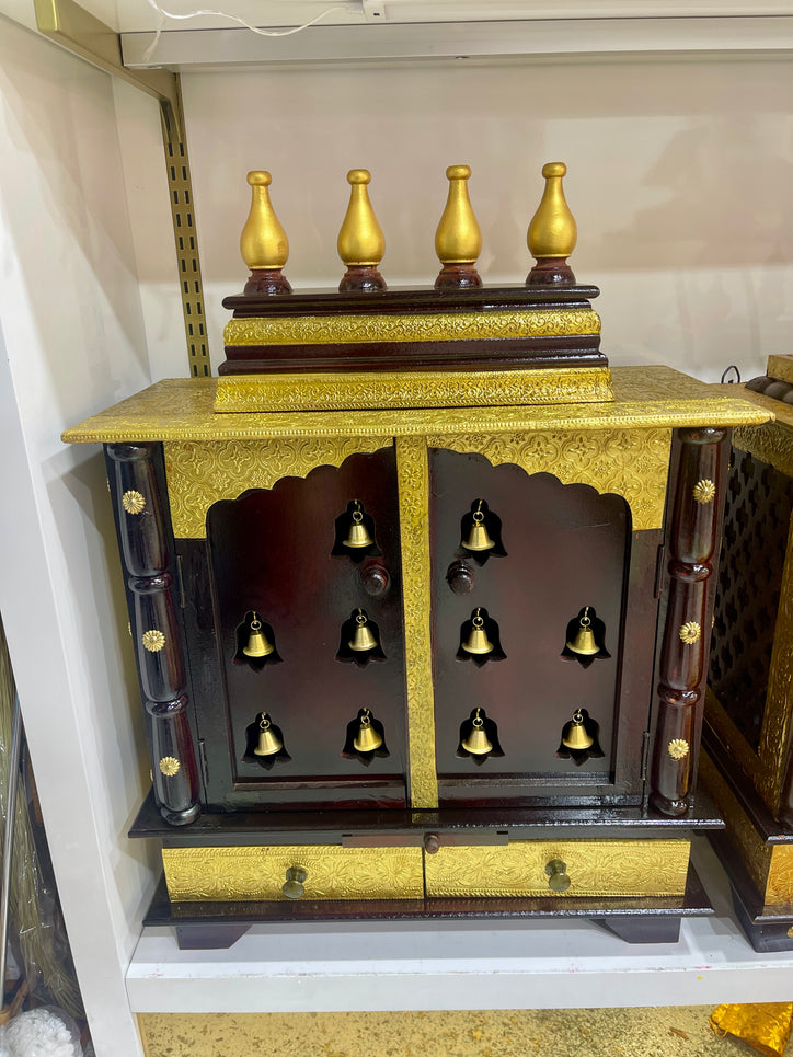 24”x12”x30” Brown polished with Brass Fittings Lattu Temple with Double Doors and Hanging Bell Ornaments with Pull out Tray and Duel Storage Drawer