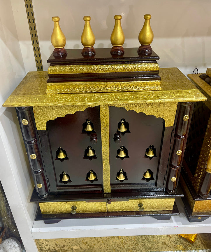 24”x12”x30” Brown polished with Brass Fittings Lattu Temple with Double Doors and Hanging Bell Ornaments with Pull out Tray and Duel Storage Drawer