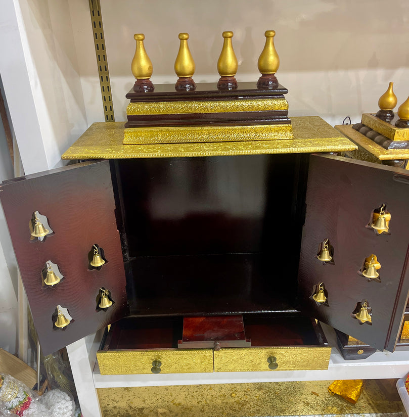 18”x12”x24” Brown polished  with Brass Fittings Lattu Temple with Double Doors and Hanging Bell Ornaments with Pull out Tray and Duel Storage Drawer