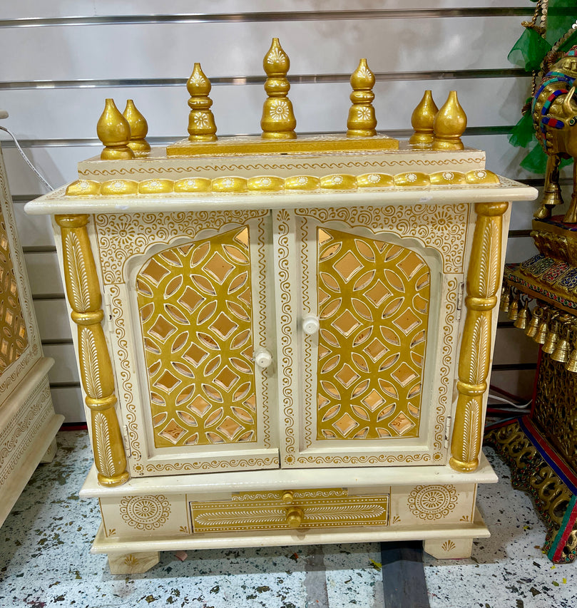 24”x12”x30” LED Light White and Gold Wooden Mandir, Double Doors, Storage Drawer, and Extra Large Pull-Out Tray