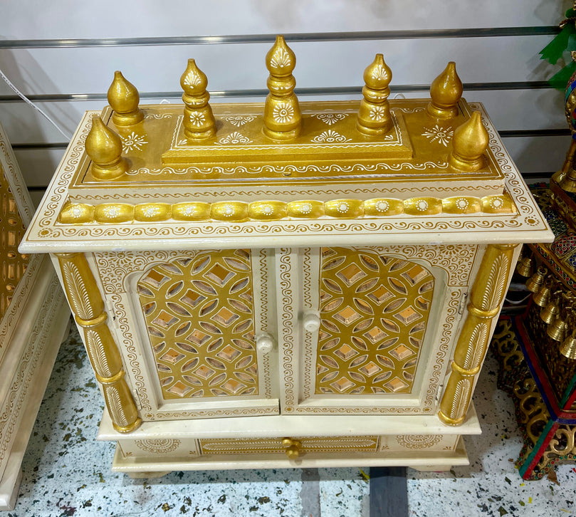 24”x12”x30” LED Light White and Gold Wooden Mandir, Double Doors, Storage Drawer, and Extra Large Pull-Out Tray