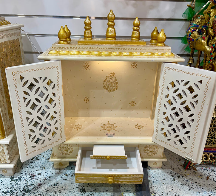 24”x12”x30” LED Light White and Gold Wooden Mandir, Double Doors, Storage Drawer, and Extra Large Pull-Out Tray