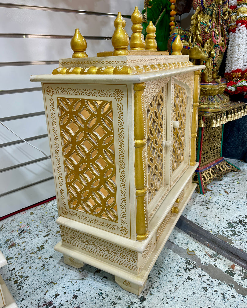 24”x12”x30” LED Light White and Gold Wooden Mandir, Double Doors, Storage Drawer, and Extra Large Pull-Out Tray