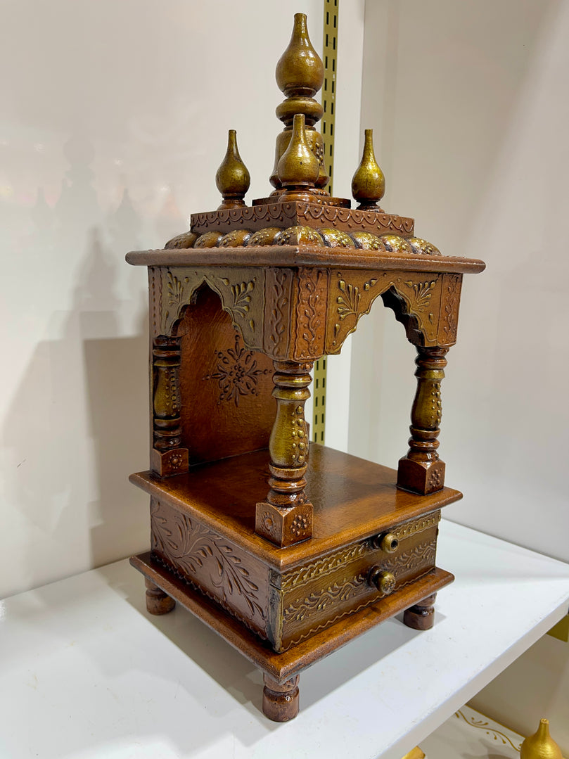 8”x8”x18” Brown Wooden Mandir with Pull-Out Tray, Storage Drawer, and Wall-Mount Hooks
