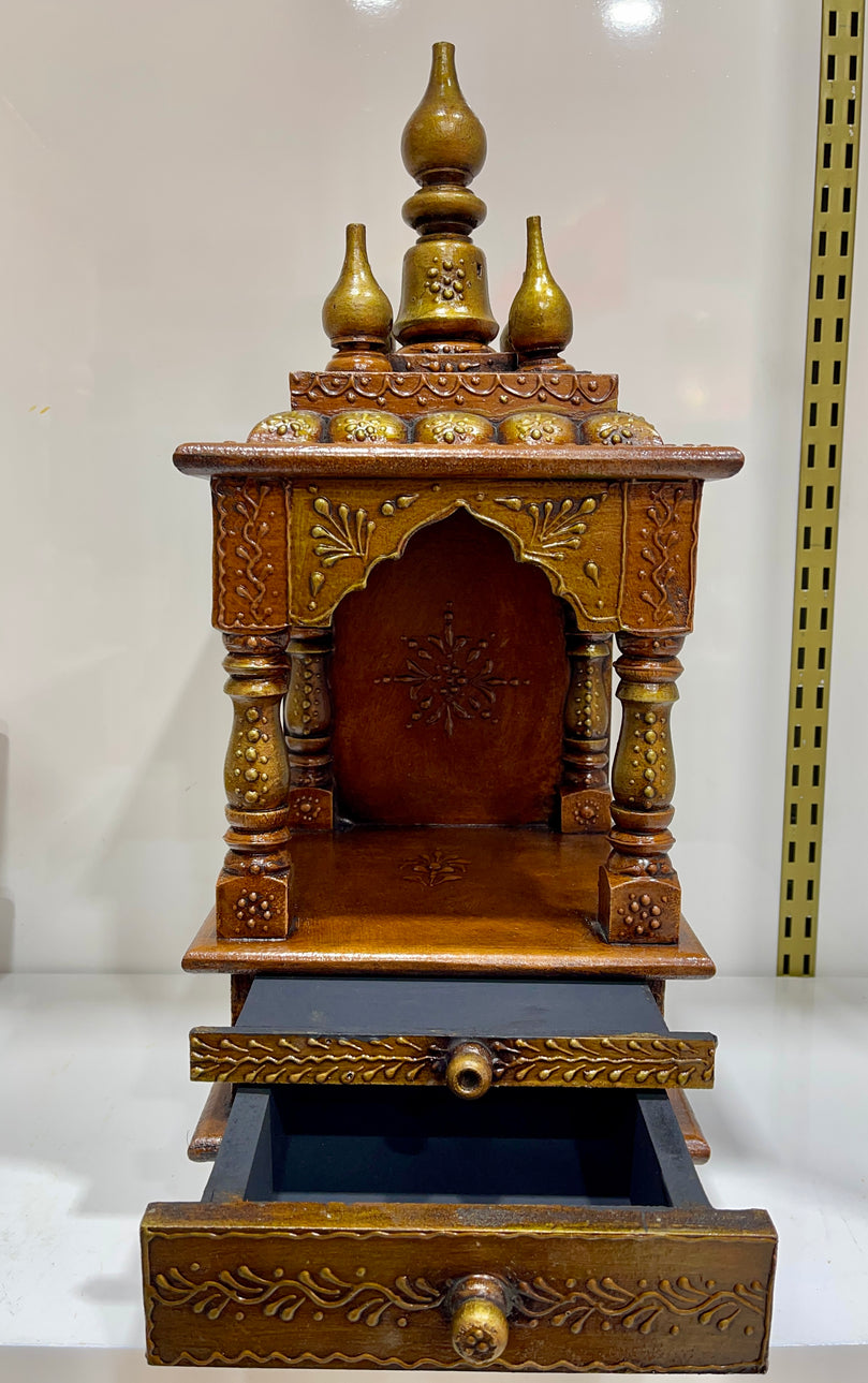 8”x8”x18” Brown Wooden Mandir with Pull-Out Tray, Storage Drawer, and Wall-Mount Hooks