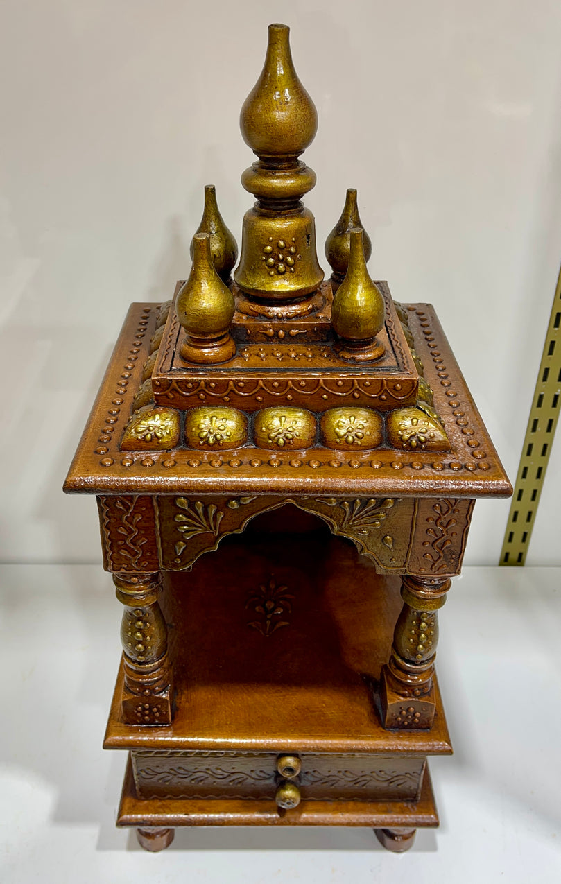 8”x8”x18” Brown Wooden Mandir with Pull-Out Tray, Storage Drawer, and Wall-Mount Hooks
