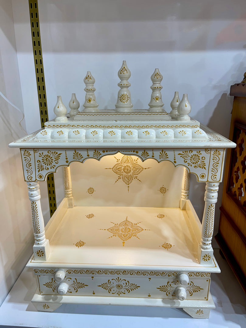 18”x12”x24 - White & Gold Wooden Mandir with LED Light (No Doors) – Extra Large Tray & Double-Sized Drawer