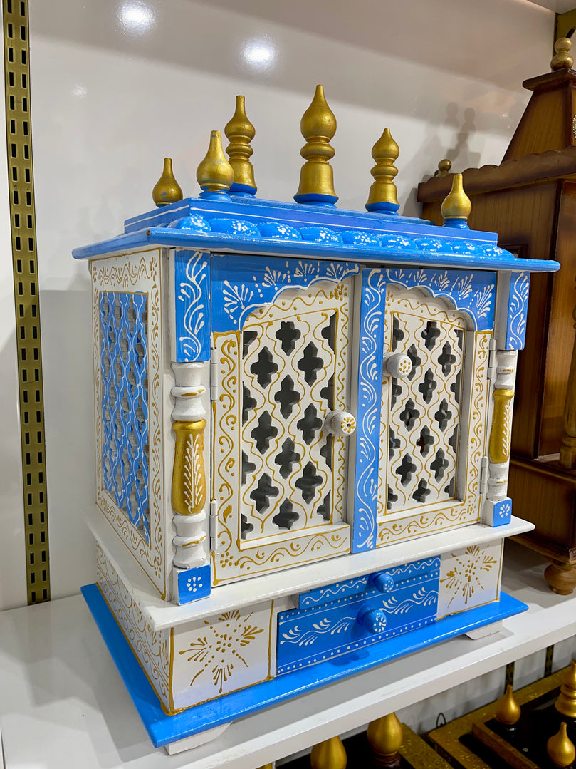 18”x12”x24” Blue, White, and Gold Wooden Mandir with Double Doors, Storage Drawer, and Pull-Out Tray