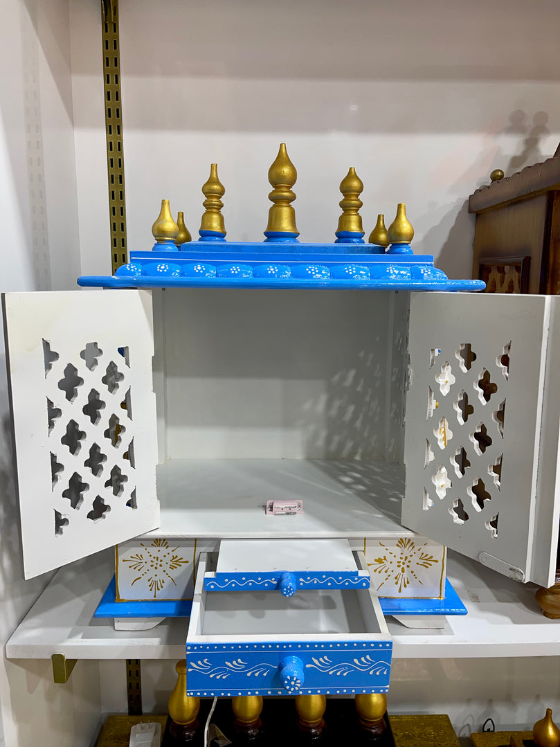 18”x12”x24” Blue, White, and Gold Wooden Mandir with Double Doors, Storage Drawer, and Pull-Out Tray