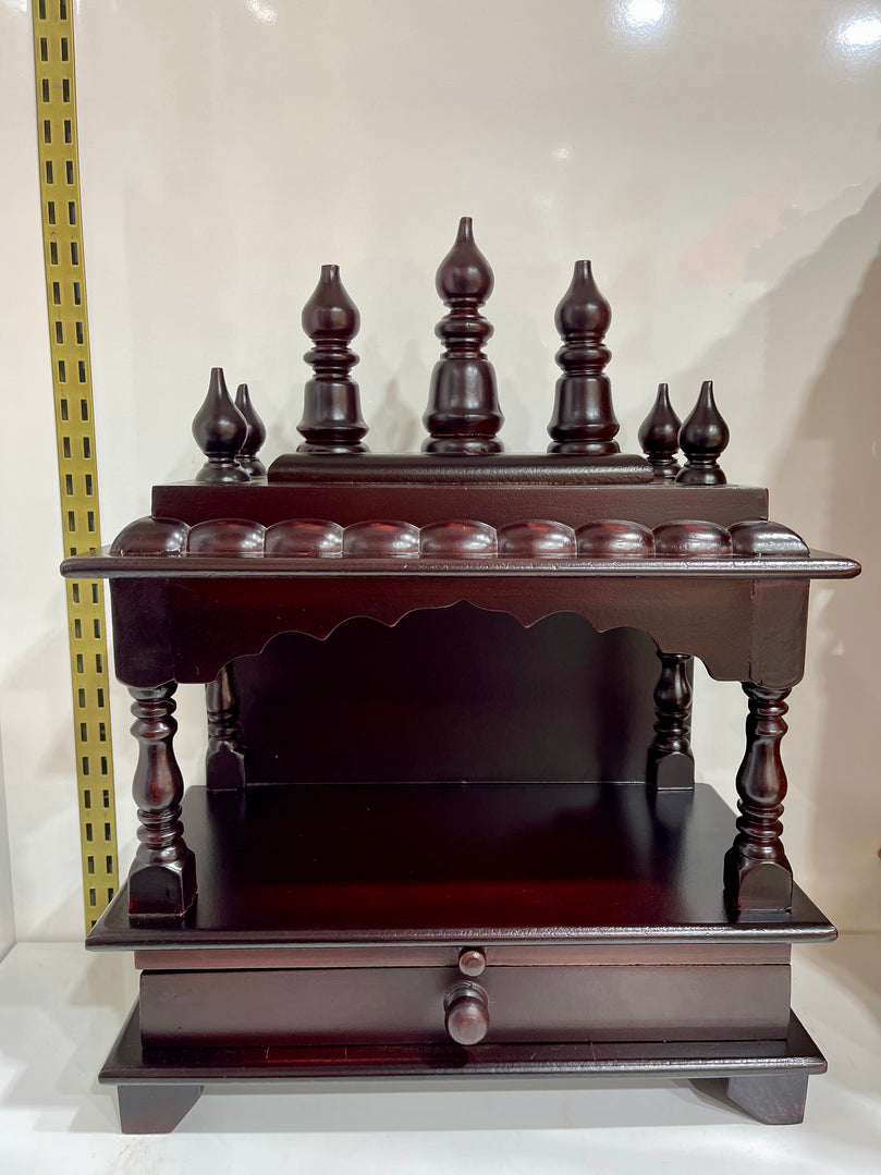 15”x8”x18” Brown Wooden Mandir Altar Without Doors, Large Storage Drawer, and Extra Long Pull-Out Tray for Daily Pooja