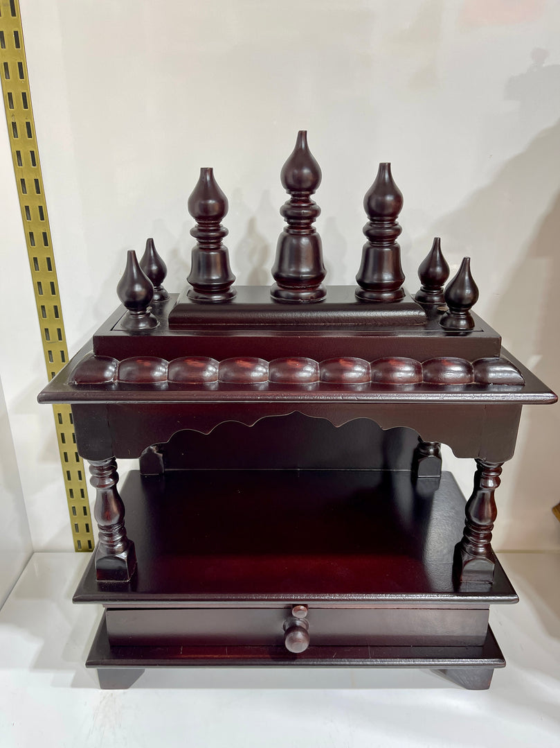 15”x8”x18” Brown Wooden Mandir Altar Without Doors, Large Storage Drawer, and Extra Long Pull-Out Tray for Daily Pooja