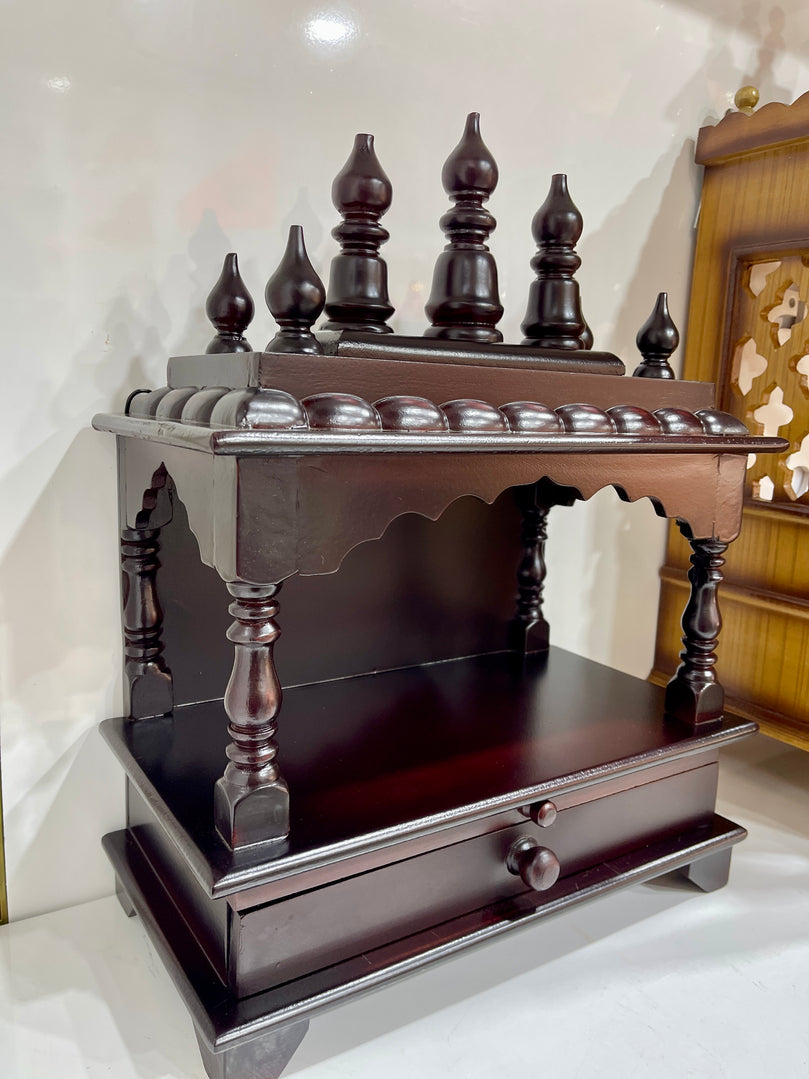 15”x8”x18” Brown Wooden Mandir Altar Without Doors, Large Storage Drawer, and Extra Long Pull-Out Tray for Daily Pooja