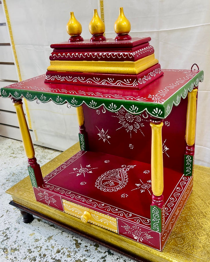 18"x11"x26" | Handcrafted Wooden Hindu Temple Mandir | Red, Green & Gold Pooja Mandir with Bells and Drawer | Home and Office Shrine|
