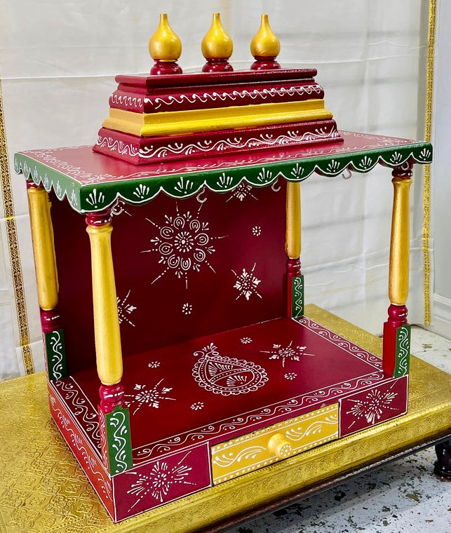 24”x14”x32” | Handcrafted Wooden Hindu Temple Mandir | Red, Green & Gold Pooja Mandir with Bells and Drawer | Home and Office Shrine|