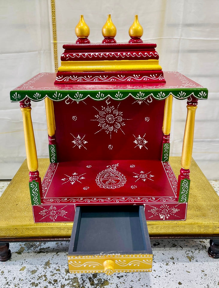 18"x11"x26" | Handcrafted Wooden Hindu Temple Mandir | Red, Green & Gold Pooja Mandir with Bells and Drawer | Home and Office Shrine|