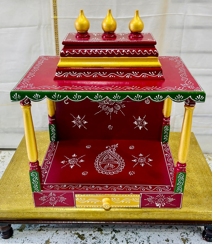 24”x14”x32” | Handcrafted Wooden Hindu Temple Mandir | Red, Green & Gold Pooja Mandir with Bells and Drawer | Home and Office Shrine|