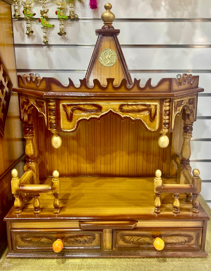 24”x12”x32” Handcrafted Wooden Hindu Temple Mandir | Pooja Mandir with Double Drawer Storage, Pull-Out Tray & Wall Hanging Hooks