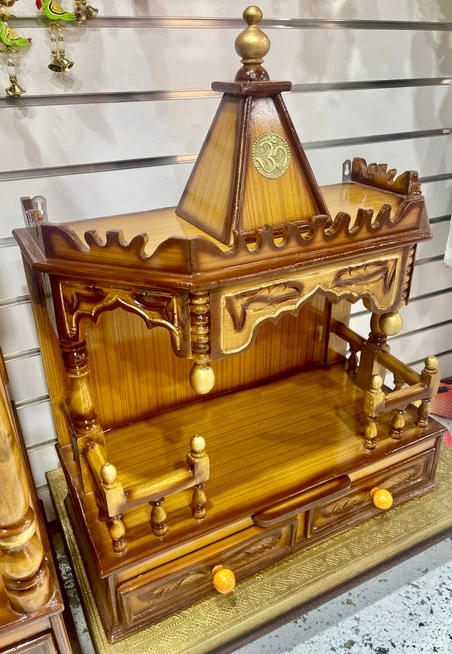24”x12”x32” Handcrafted Wooden Hindu Temple Mandir | Pooja Mandir with Double Drawer Storage, Pull-Out Tray & Wall Hanging Hooks