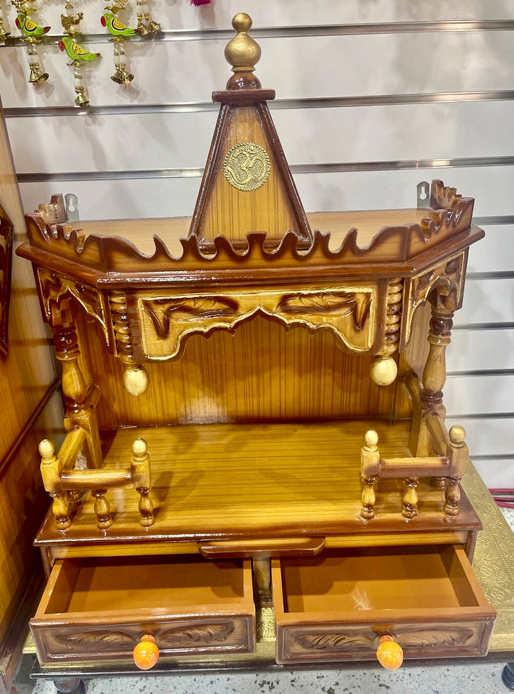 24”x12”x32” Handcrafted Wooden Hindu Temple Mandir | Pooja Mandir with Double Drawer Storage, Pull-Out Tray & Wall Hanging Hooks