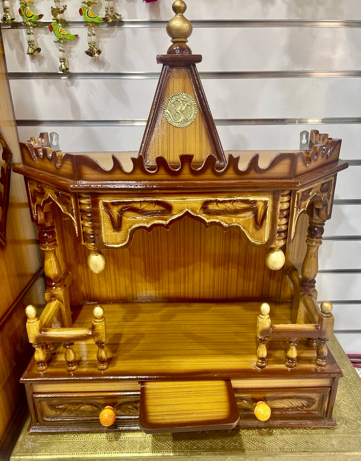 24”x12”x32” Handcrafted Wooden Hindu Temple Mandir | Pooja Mandir with Double Drawer Storage, Pull-Out Tray & Wall Hanging Hooks