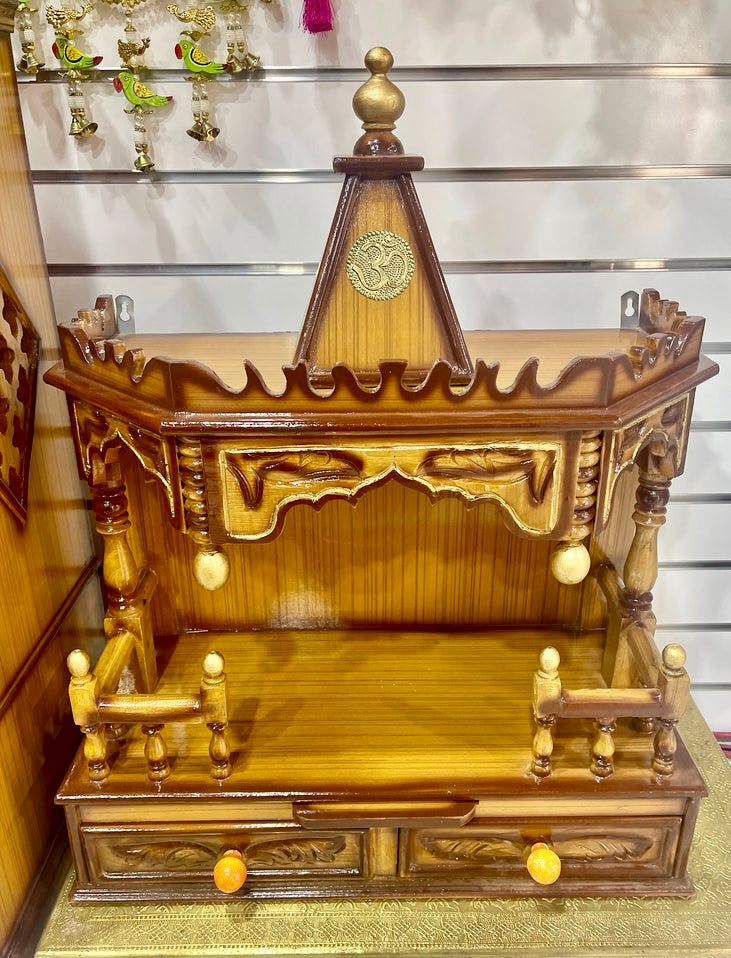 24”x12”x32” Handcrafted Wooden Hindu Temple Mandir | Pooja Mandir with Double Drawer Storage, Pull-Out Tray & Wall Hanging Hooks