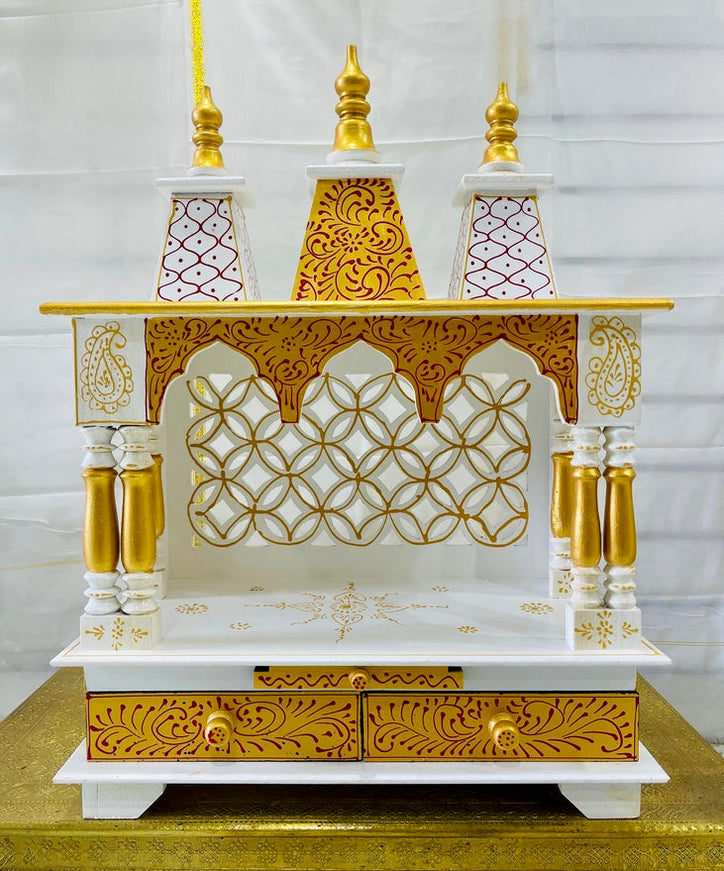 24”x13”x32” Handcrafted White & Gold Wooden Temple Mandir  | Pooja Mandir with Wall Hanging Hooks, Double Storage Drawers & Pull-Out Tray