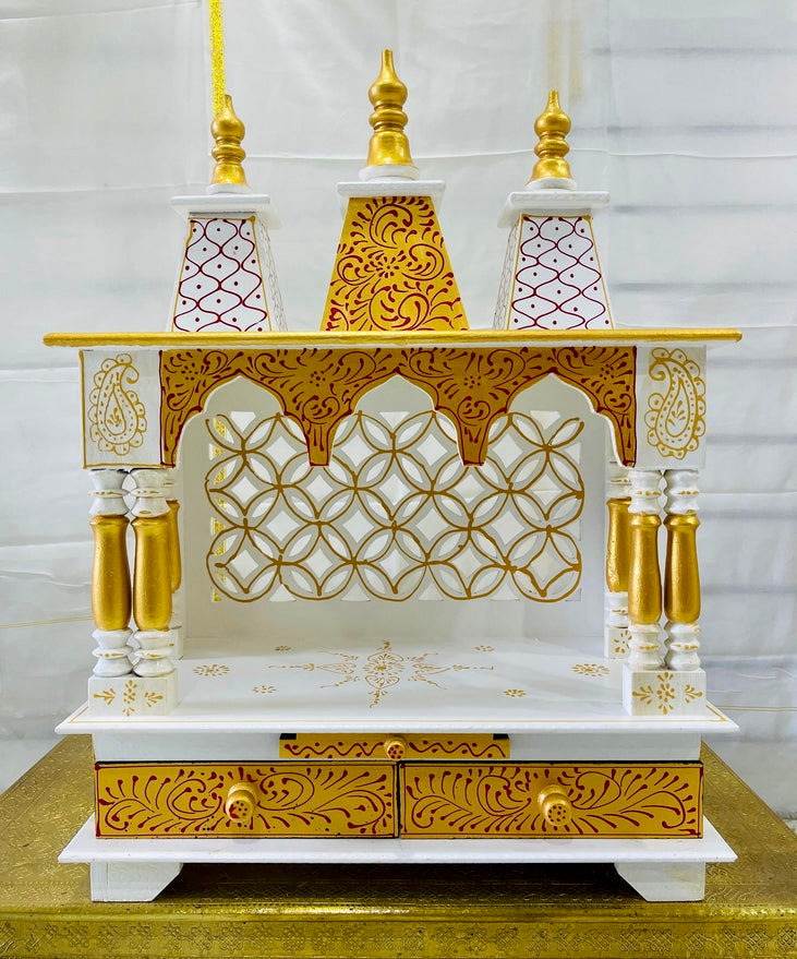 24”x13”x32” Handcrafted White & Gold Wooden Temple Mandir  | Pooja Mandir with Wall Hanging Hooks, Double Storage Drawers & Pull-Out Tray
