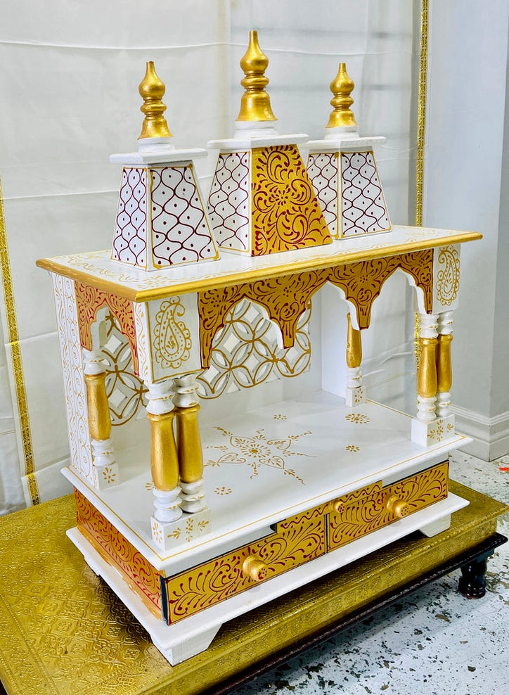 24”x13”x32” Handcrafted White & Gold Wooden Temple Mandir  | Pooja Mandir with Wall Hanging Hooks, Double Storage Drawers & Pull-Out Tray