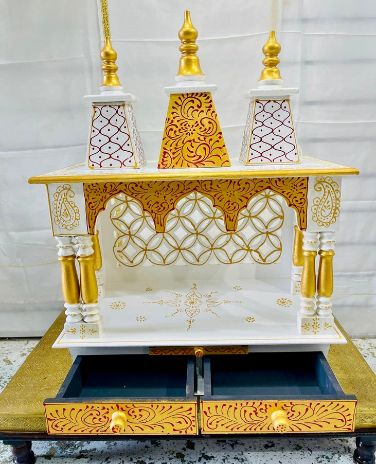 24”x13”x32” Handcrafted White & Gold Wooden Temple Mandir  | Pooja Mandir with Wall Hanging Hooks, Double Storage Drawers & Pull-Out Tray