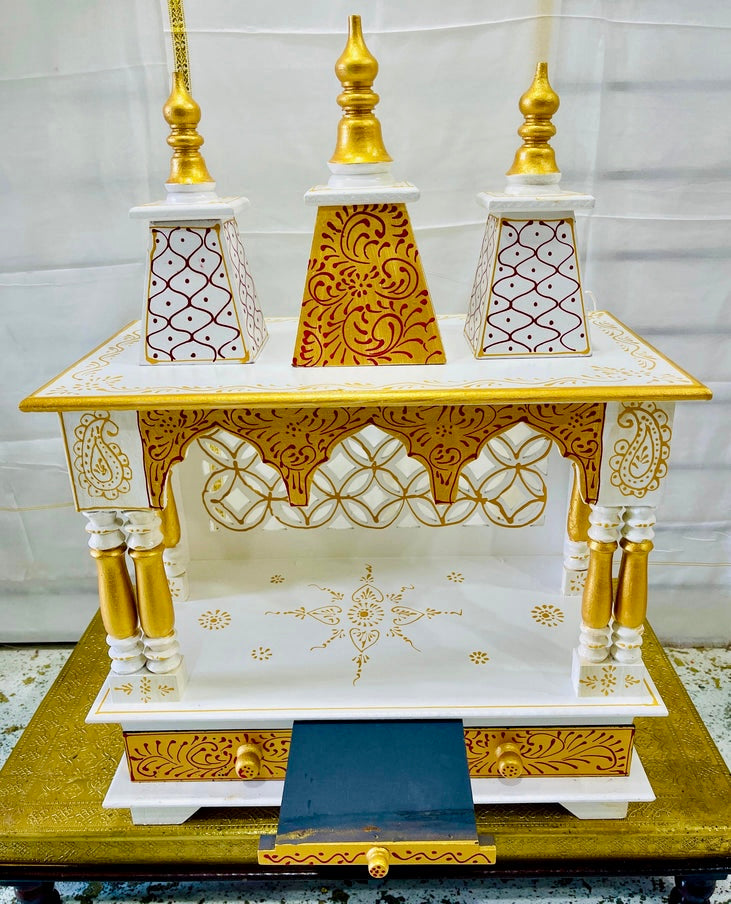 24”x13”x32” Handcrafted White & Gold Wooden Temple Mandir  | Pooja Mandir with Wall Hanging Hooks, Double Storage Drawers & Pull-Out Tray