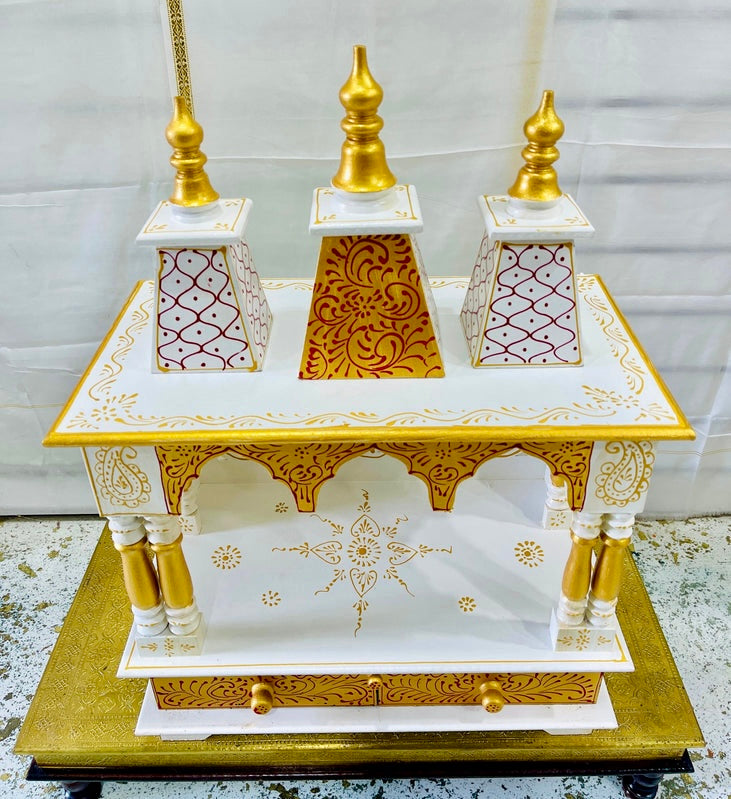 24”x13”x32” Handcrafted White & Gold Wooden Temple Mandir  | Pooja Mandir with Wall Hanging Hooks, Double Storage Drawers & Pull-Out Tray