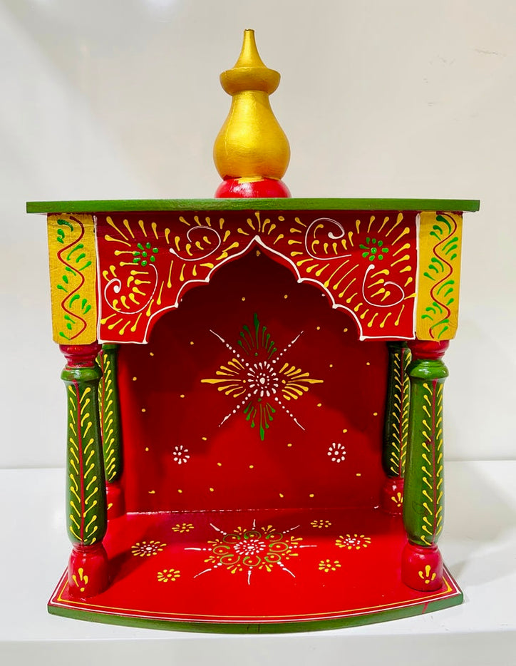 12”x6.5”x16” Handcrafted Gold & Red Wooden Temple Mandir | Compact & Affordable Pooja Mandir with Wall Hanging Hooks