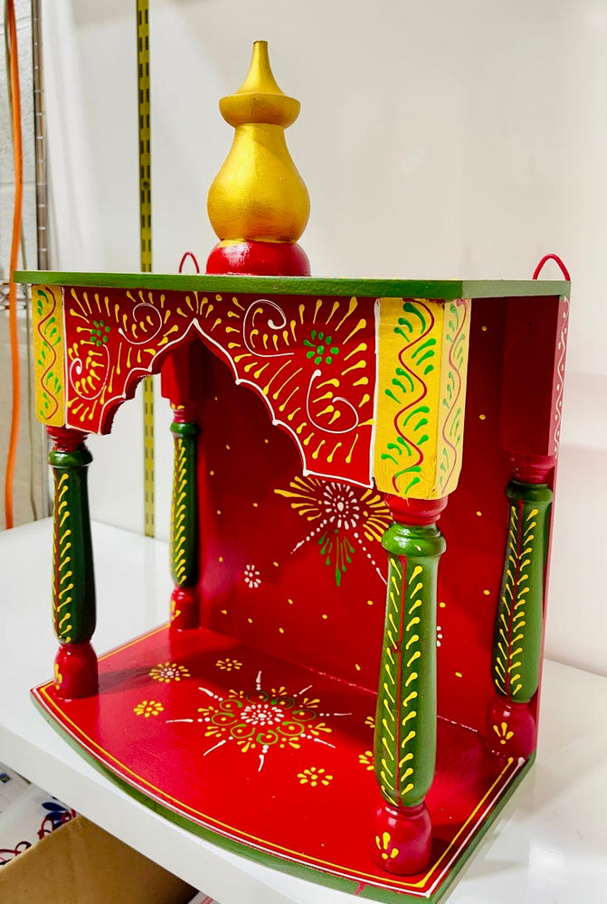 12”x6.5”x16” Handcrafted Gold & Red Wooden Temple Mandir | Compact & Affordable Pooja Mandir with Wall Hanging Hooks