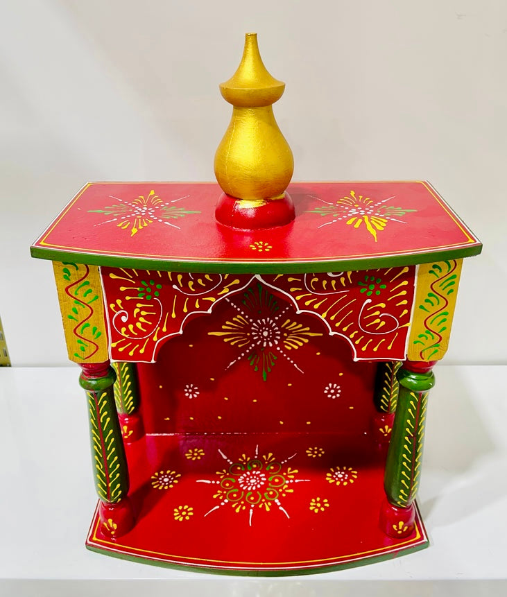 12”x6.5”x16” Handcrafted Gold & Red Wooden Temple Mandir | Compact & Affordable Pooja Mandir with Wall Hanging Hooks