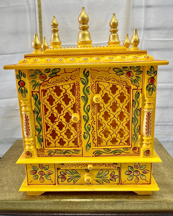 18”x12”x24” Handcrafted Gold & Green Wooden Temple Mandir | Pooja Mandir with Doors, Storage Drawer, Pull-Out Tray & Wall Hanging Hooks
