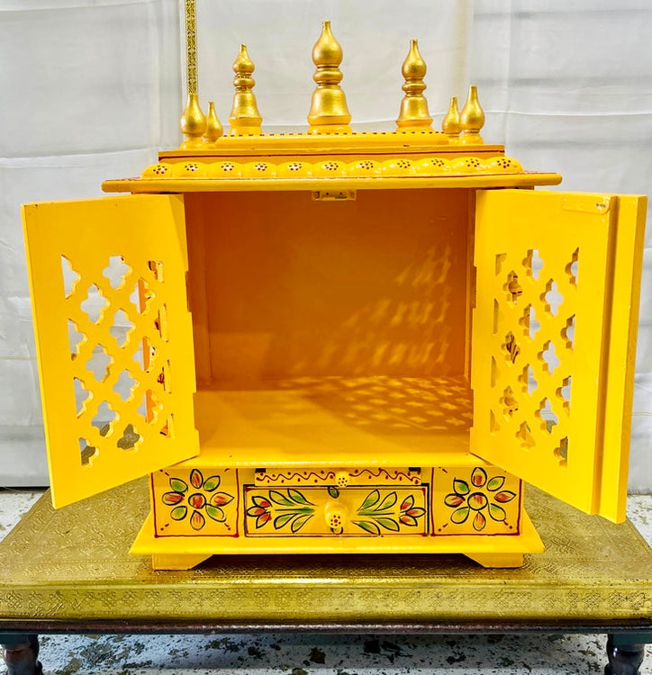18”x12”x24” Handcrafted Gold & Green Wooden Temple Mandir | Pooja Mandir with Doors, Storage Drawer, Pull-Out Tray & Wall Hanging Hooks