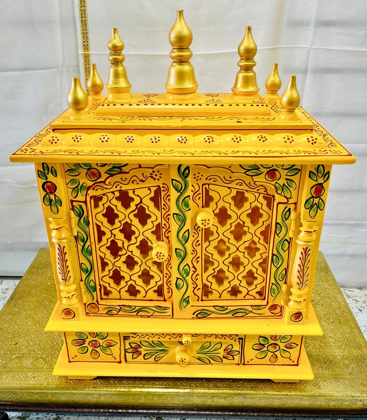 18”x12”x24” Handcrafted Gold & Green Wooden Temple Mandir | Pooja Mandir with Doors, Storage Drawer, Pull-Out Tray & Wall Hanging Hooks