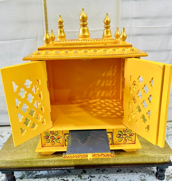 18”x12”x24” Handcrafted Gold & Green Wooden Temple Mandir | Pooja Mandir with Doors, Storage Drawer, Pull-Out Tray & Wall Hanging Hooks