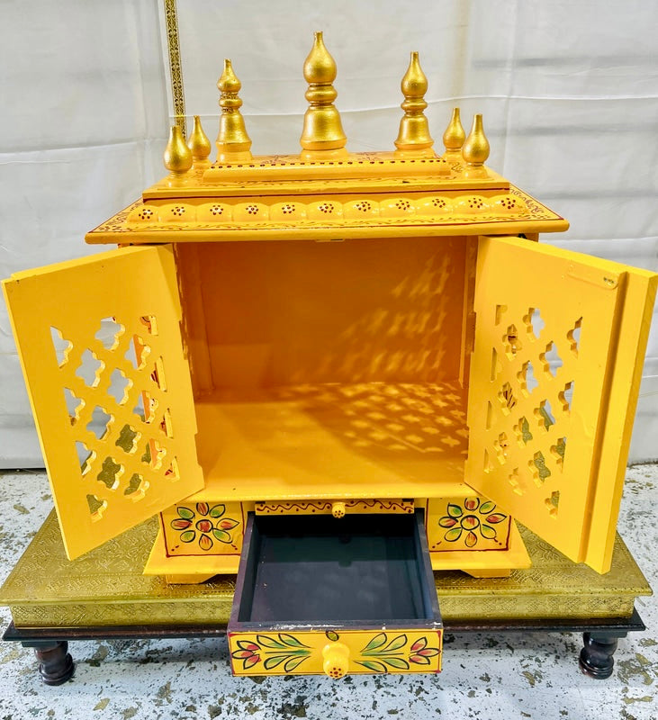 18”x12”x24” Handcrafted Gold & Green Wooden Temple Mandir | Pooja Mandir with Doors, Storage Drawer, Pull-Out Tray & Wall Hanging Hooks