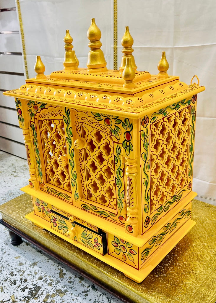 18”x12”x24” Handcrafted Gold & Green Wooden Temple Mandir | Pooja Mandir with Doors, Storage Drawer, Pull-Out Tray & Wall Hanging Hooks