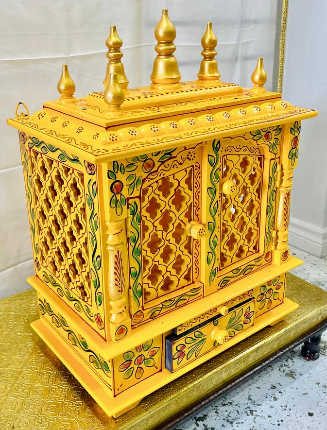 18”x12”x24” Handcrafted Gold & Green Wooden Temple Mandir | Pooja Mandir with Doors, Storage Drawer, Pull-Out Tray & Wall Hanging Hooks