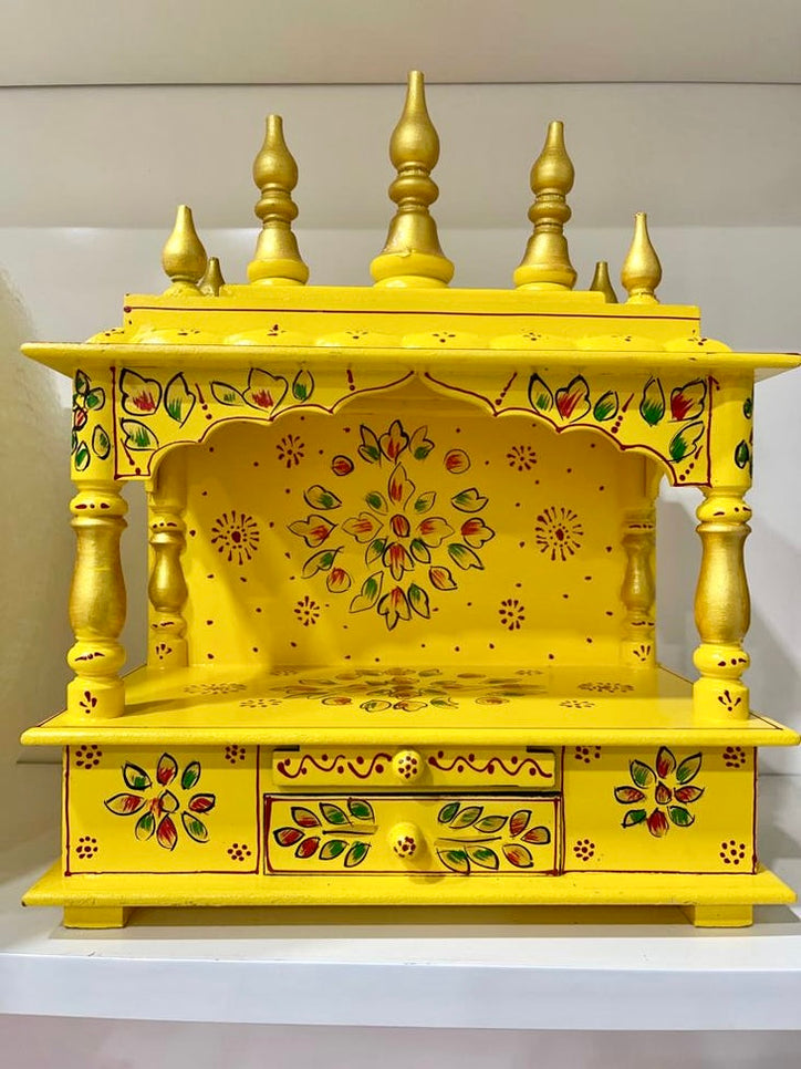 15”x8”x21” Handcrafted Gold Wooden Temple Mandir | Pooja Mandir with Pull-Out Tray, Storage Drawer & Wall Hanging Hooks