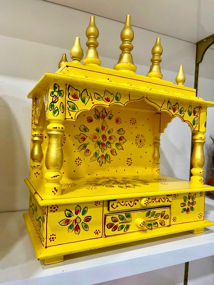 15”x8”x21” Handcrafted Gold Wooden Temple Mandir | Pooja Mandir with Pull-Out Tray, Storage Drawer & Wall Hanging Hooks