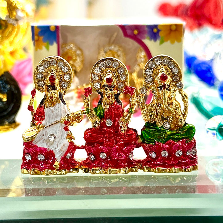 Lakshmi Ji Maa, Saraswati Ji Maa & Ganesh Ji – Hindu Car Dashboard Idol (2 Inches) with Stick-On Base