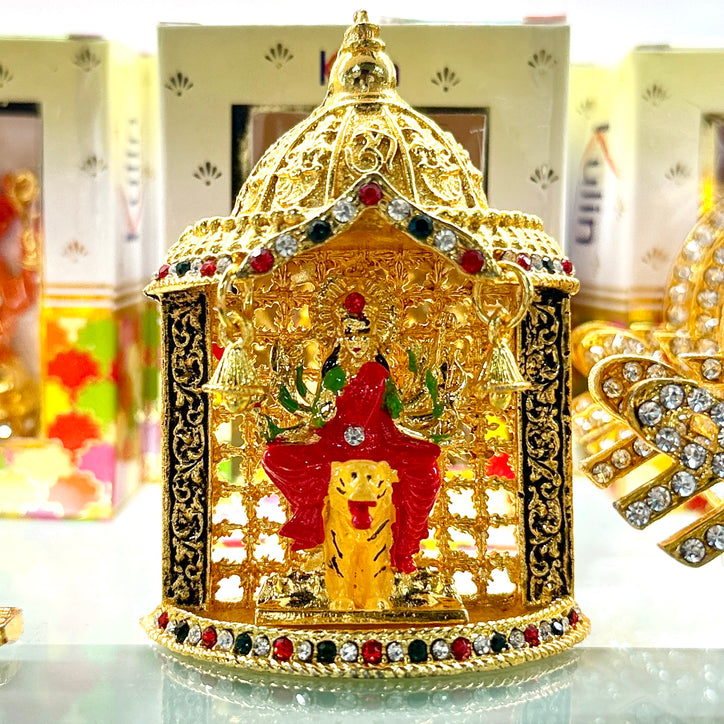 Shri Durga Maa – Hindu Car Dashboard Idol (3 Inches) with Stick-On Base – Golden Dome Design